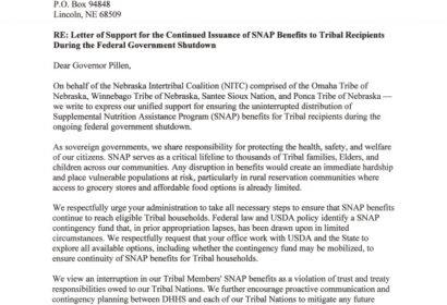 Letter of Support for the Continued Issuance of SNAP Benefits to Tribal Recipients During the Federal Government Shutdown