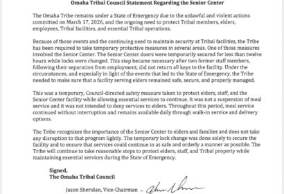 Omaha Tribal Council Statement Regarding the Senior Center